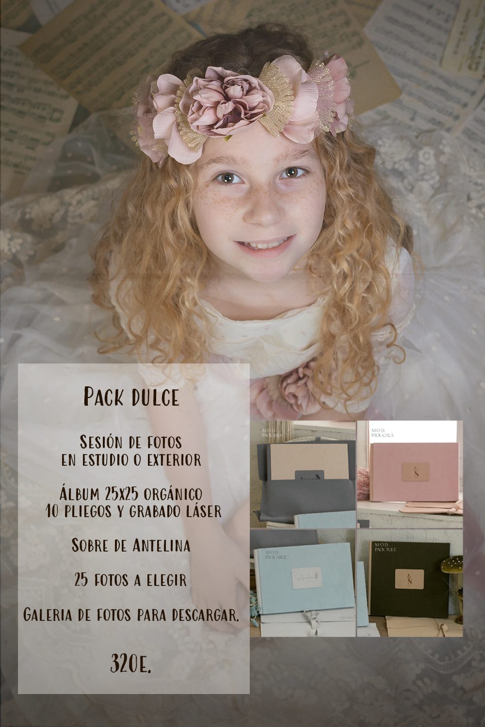 Niña sonriente con una corona de flores, rodeada de cajas de regalo decorativas en sesión de comunión.