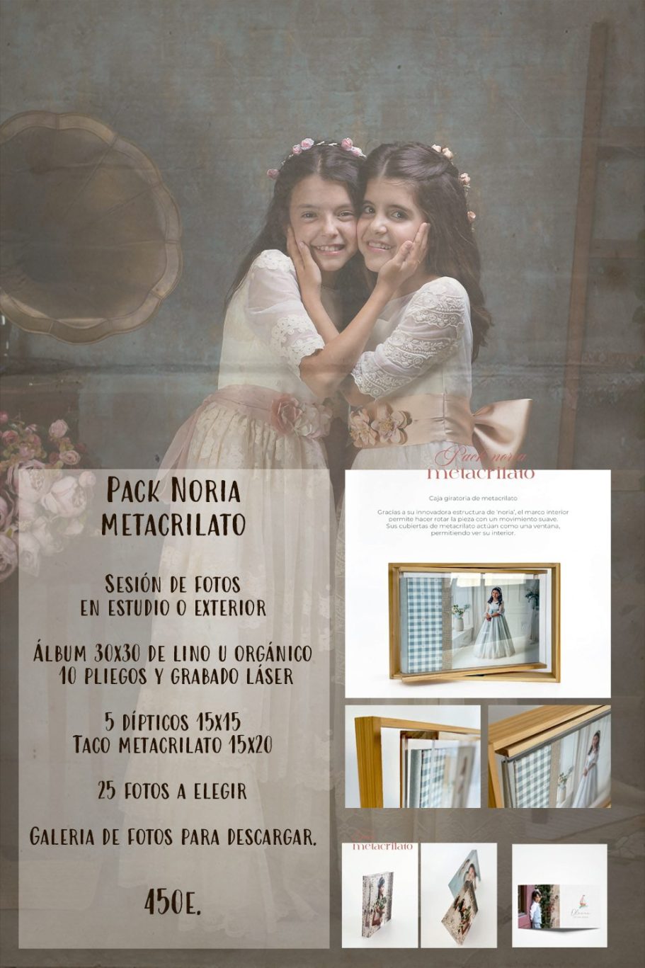 Dos niñas sonrientes posan juntas, en sesión de comuniones en un ambiente acogedor, rodeadas de decoración.